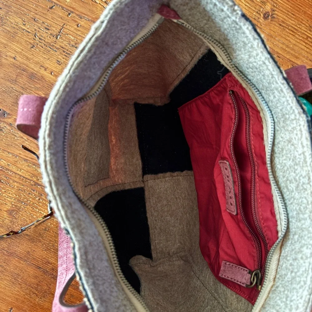 Frau Wool and Suede Tote Bag , Tan and Black Herringbone, Wine/Purple Italy